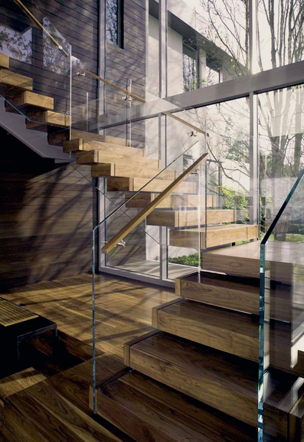 Escaleras de cristal y madera, moderno-rústicas